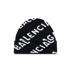 Navy Balenciaga Allover Logo Wool Beanie